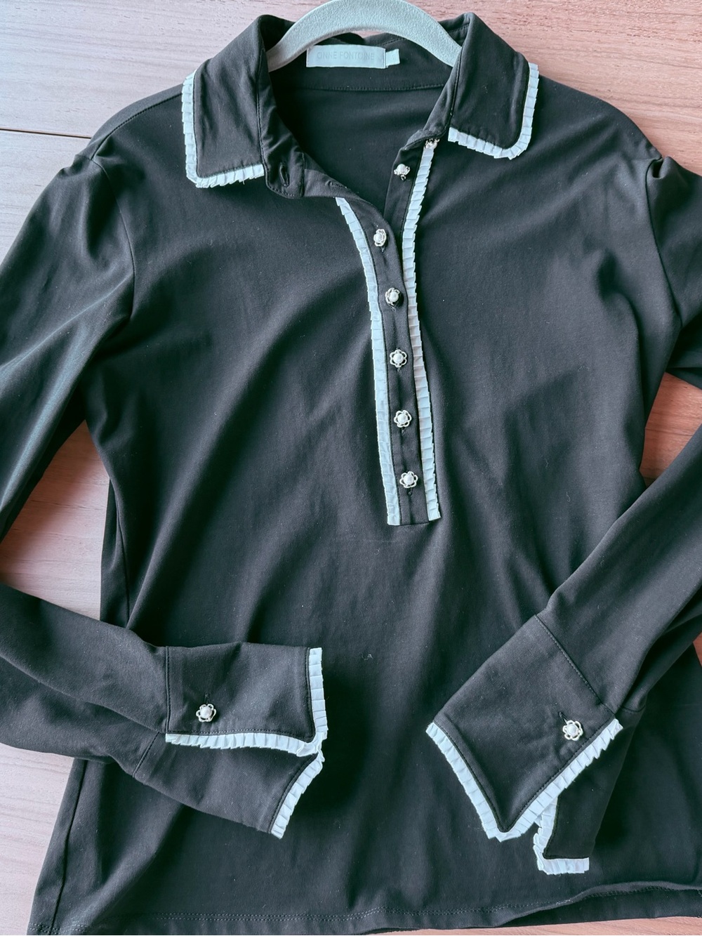 Anne Fontaine Black Cotton Blouse with White Trim and Pearl Buttons